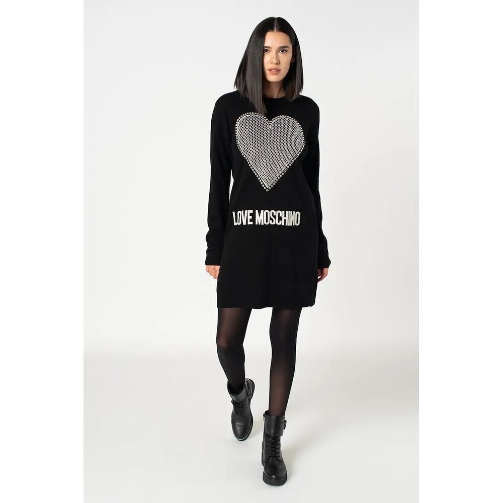 Love Moschino Women’s Black Silver Embroidered Heart Silver Rivet Trim Cashmere